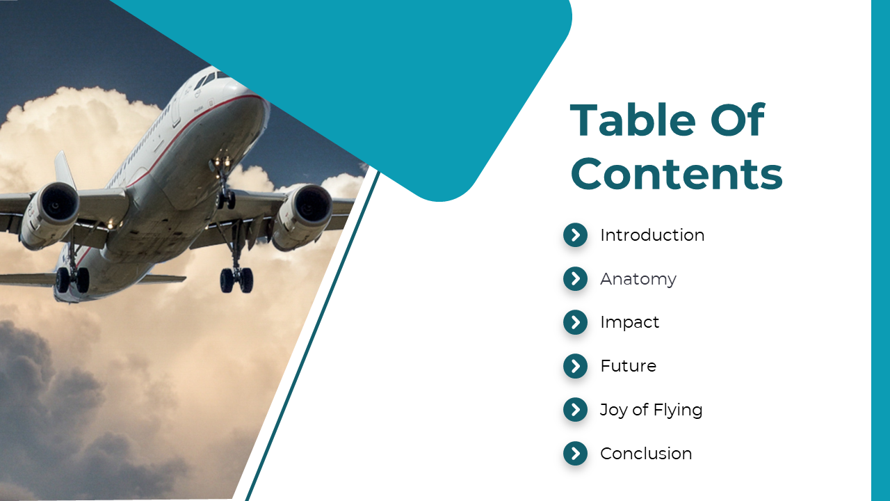 Slide with a table of contents featuring a photo of a plane and list items with arrow icons, framed with blue accents.