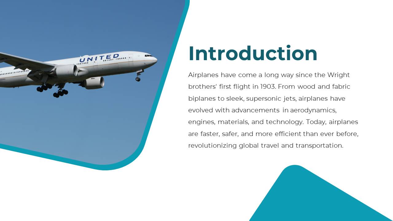 Slide with a teal accent, featuring a plane image and text introducing the evolution of airplanes, on the white area.