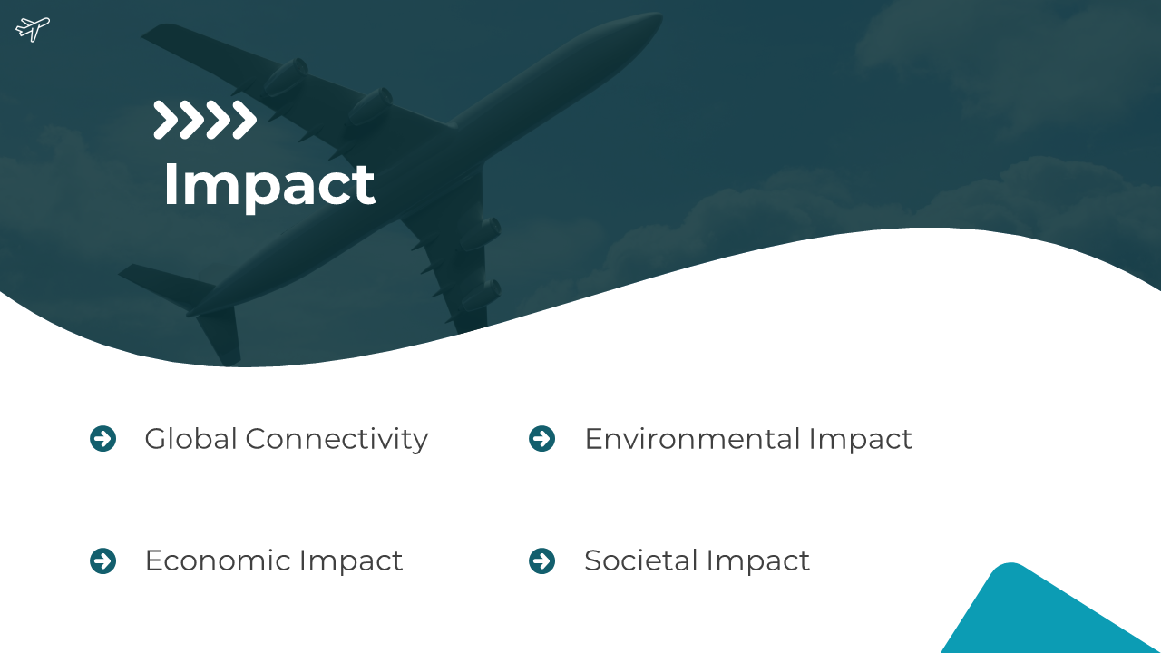 Impact slide with a curved teal header section, featuring an airplane photo in the background, and four text points below.