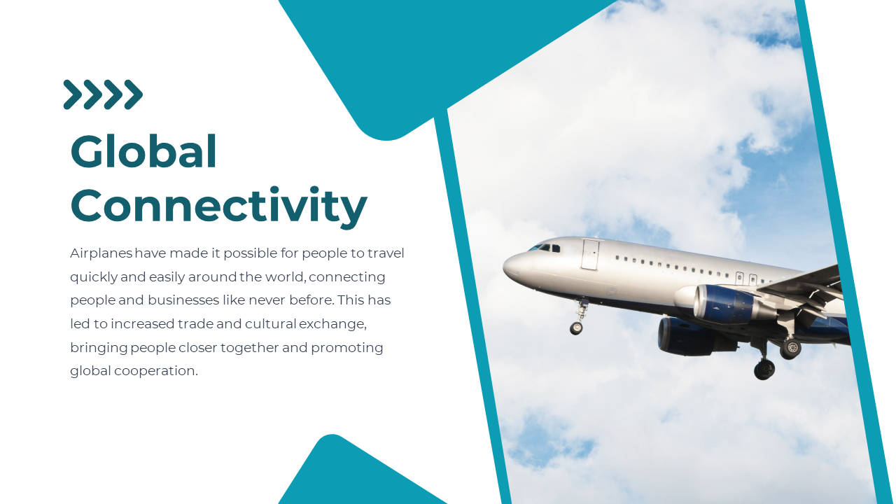 Global connectivity slide featuring a flying airplane image with teal accents, and text, set against a white backdrop.