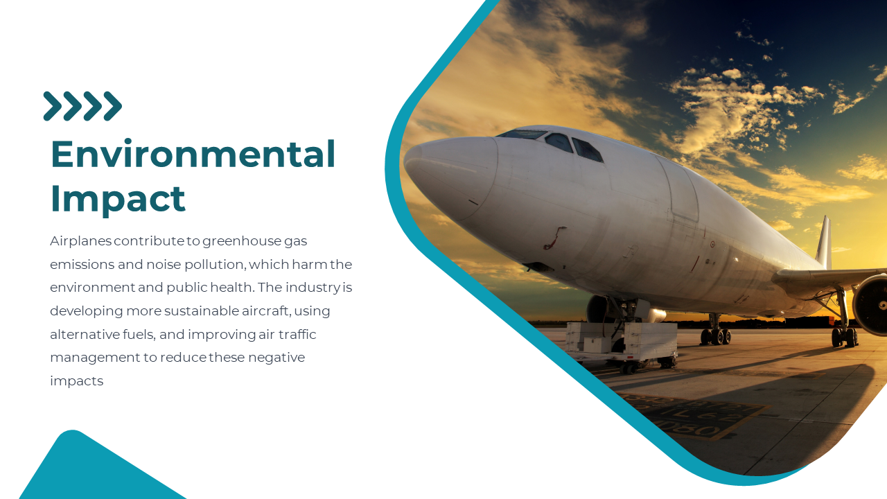 Slide featuring an airplane image with a sunset backdrop, discussing the environmental impact, with teal accents.