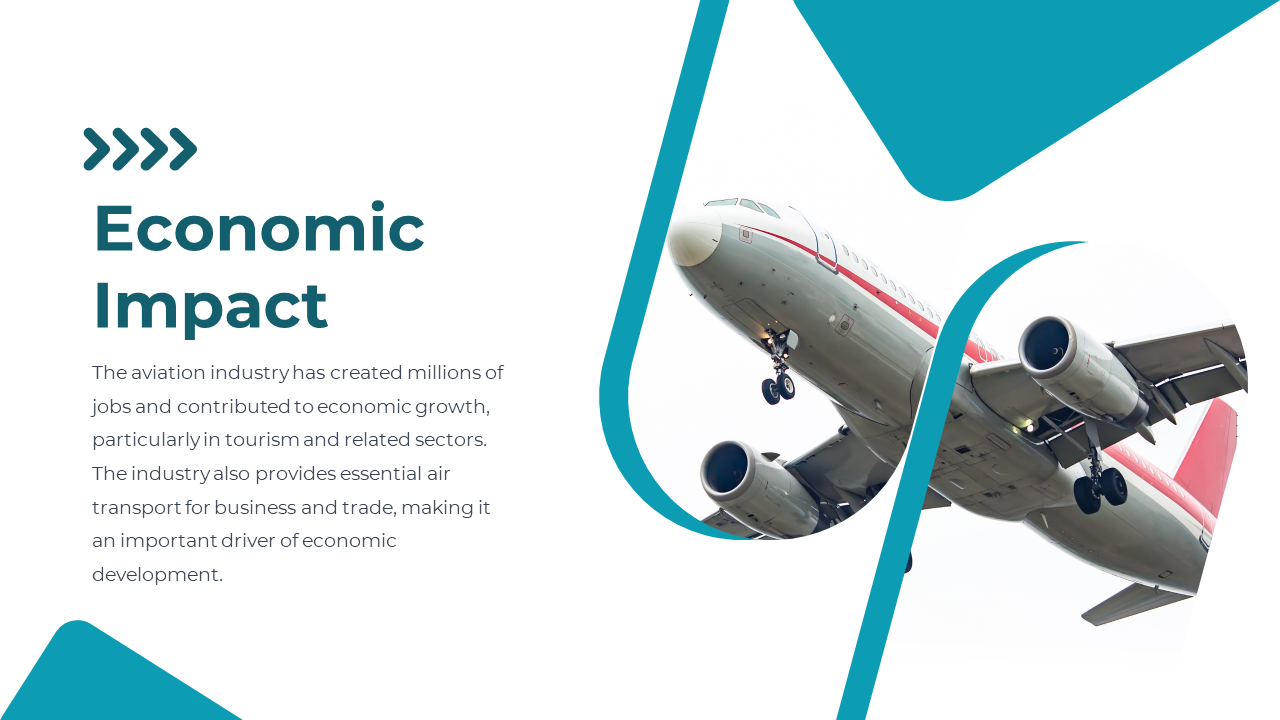 Slide with an airplane image, teal triangular shapes, and text on the economic effects, set on a white background.