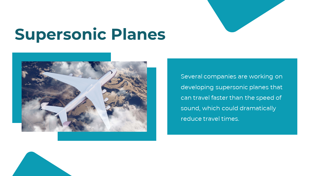 Slide with an image of a supersonic airplane flying over clouds, paired with a teal text box on the right.