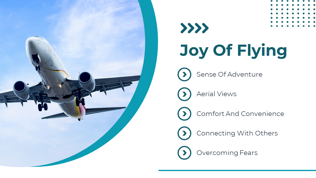 Joy of flying slide with an airplane image in a teal curved layout and five bullet points highlighting the benefits.