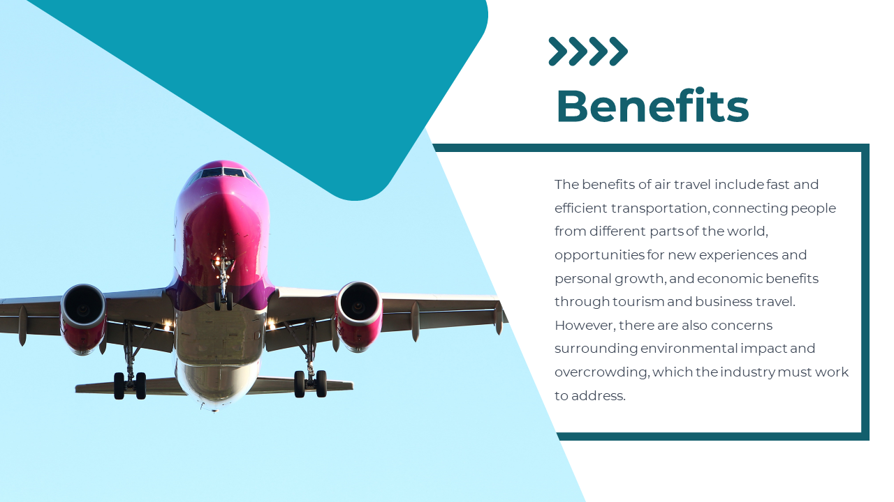 Slide with a teal background, featuring an airplane image and text discussing the benefits of air travel and its impact.