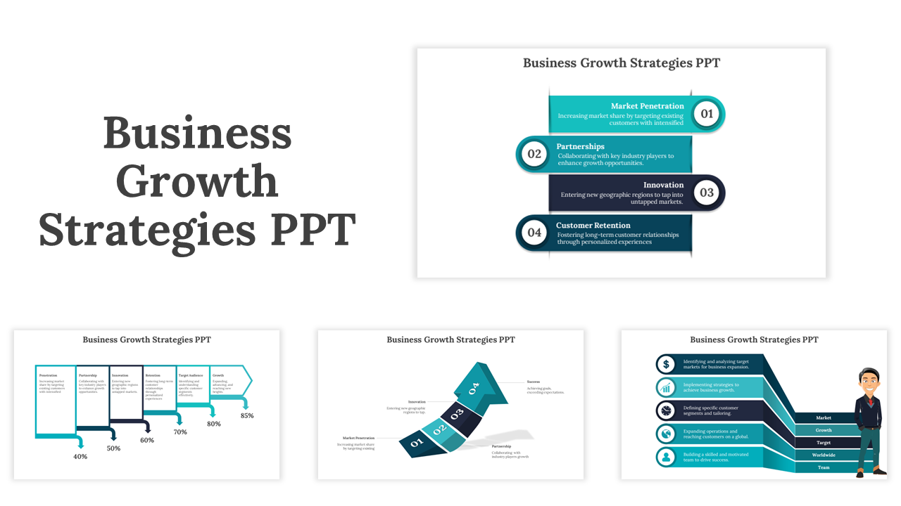 Collage of four slides with angular shapes in teal, blue, and gray, showing business growth strategies.