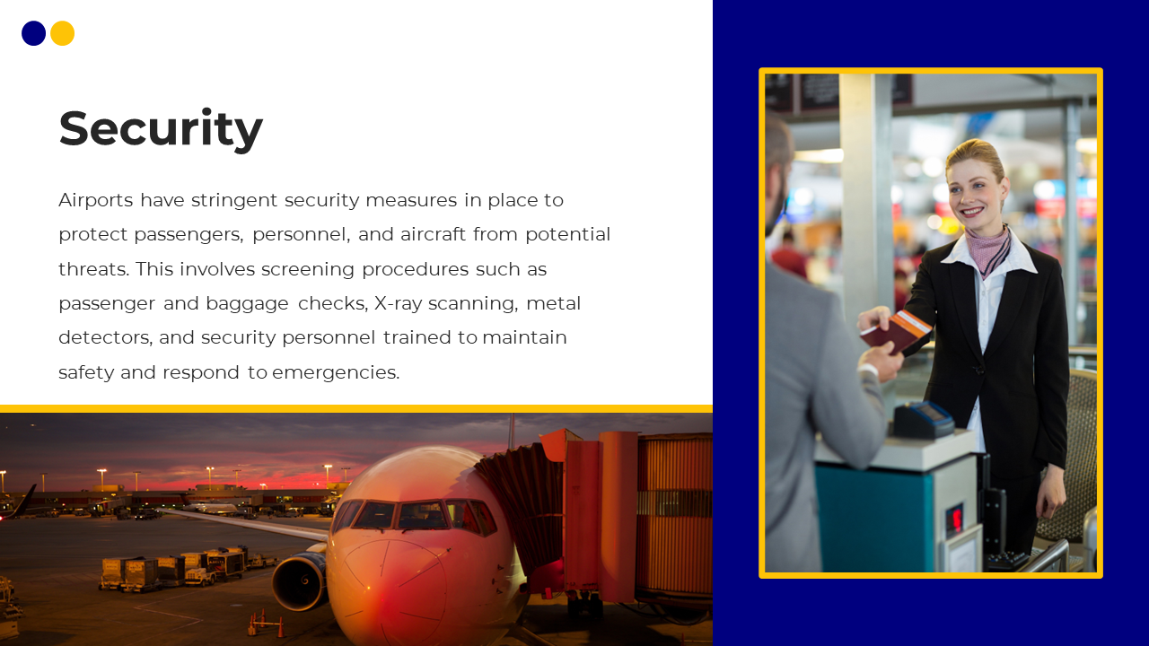 A scene highlighting airport security with an image of a check in officer assisting a passenger on a blue and white theme.