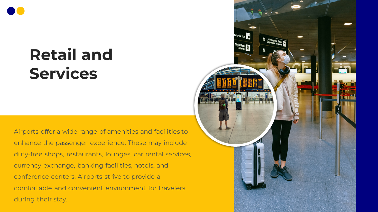 A traveler at the airport walking through the check in area, with the image emphasizing the retail and service offerings.