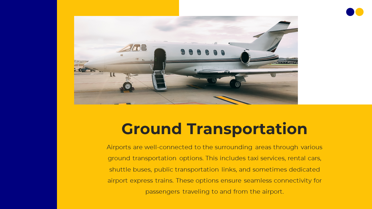 Ground transportation slide featuring an airport with an airplane on the tarmac on a yellow blue and white backdrop.