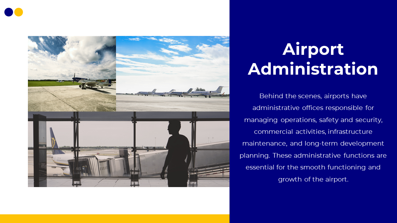 Airport management staff overseeing airport operations, security, and development, with a view of aircraft on the tarmac.