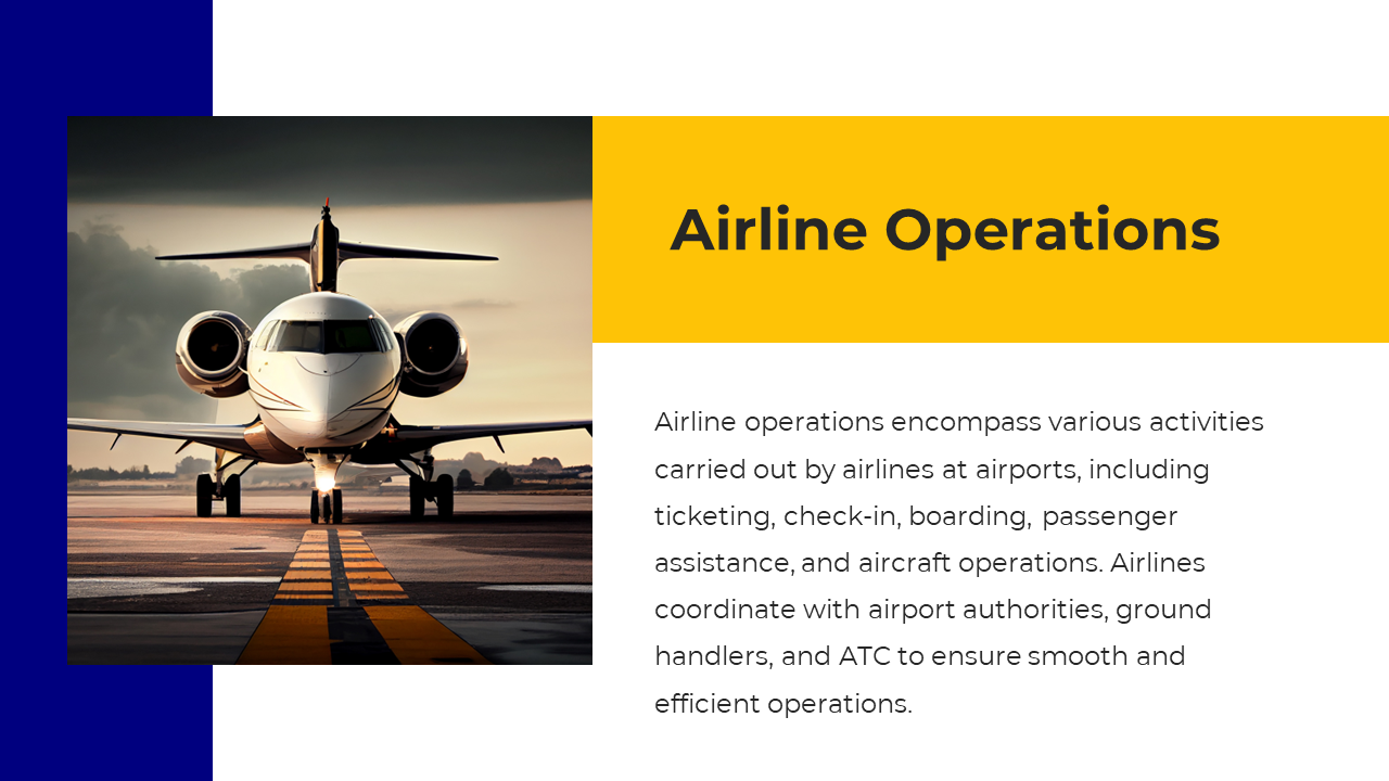 A clear view of an aircraft preparing for takeoff, showcasing airline operations on a yellow, white, and blue backdrop.