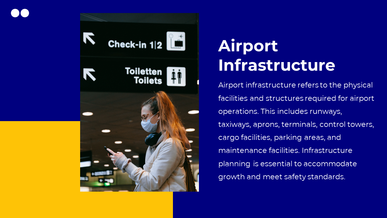 A woman walking through an airport with a sign pointing to check in and restrooms on a blue and yellow backdrop.