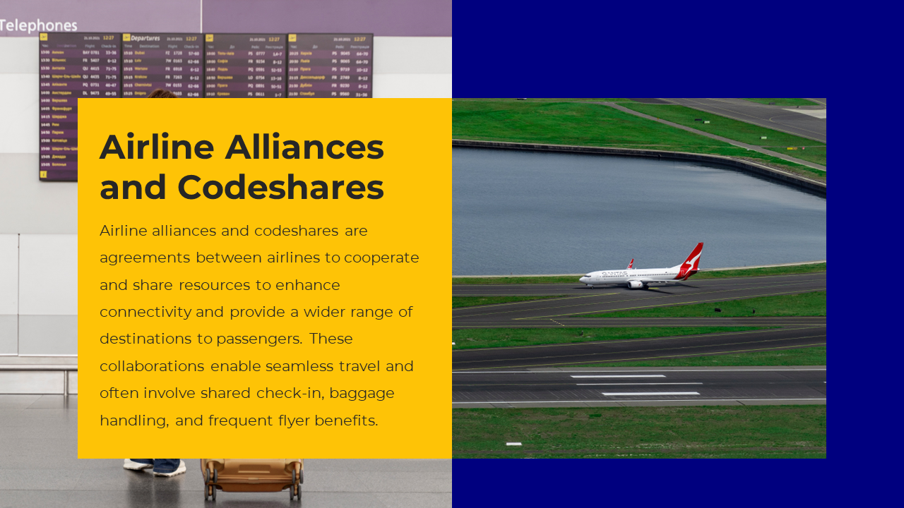 A flight information display board with a yellow and blue section highlighting airline alliances and codeshare information.