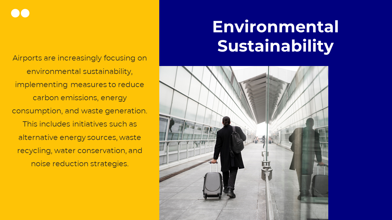 A traveler walking through an airport terminal with a suitcase, reflecting environmental sustainability efforts in the glass.