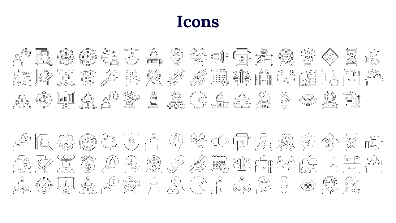 A collection of black and white icons related to business, management, and technology, organized in rows on a white theme.