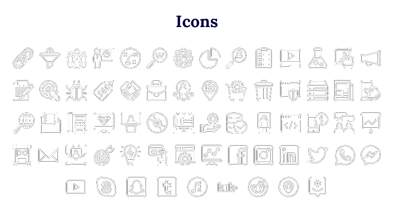 A collection of icons representing digital and business related concepts, including social media, SEO, and communication.