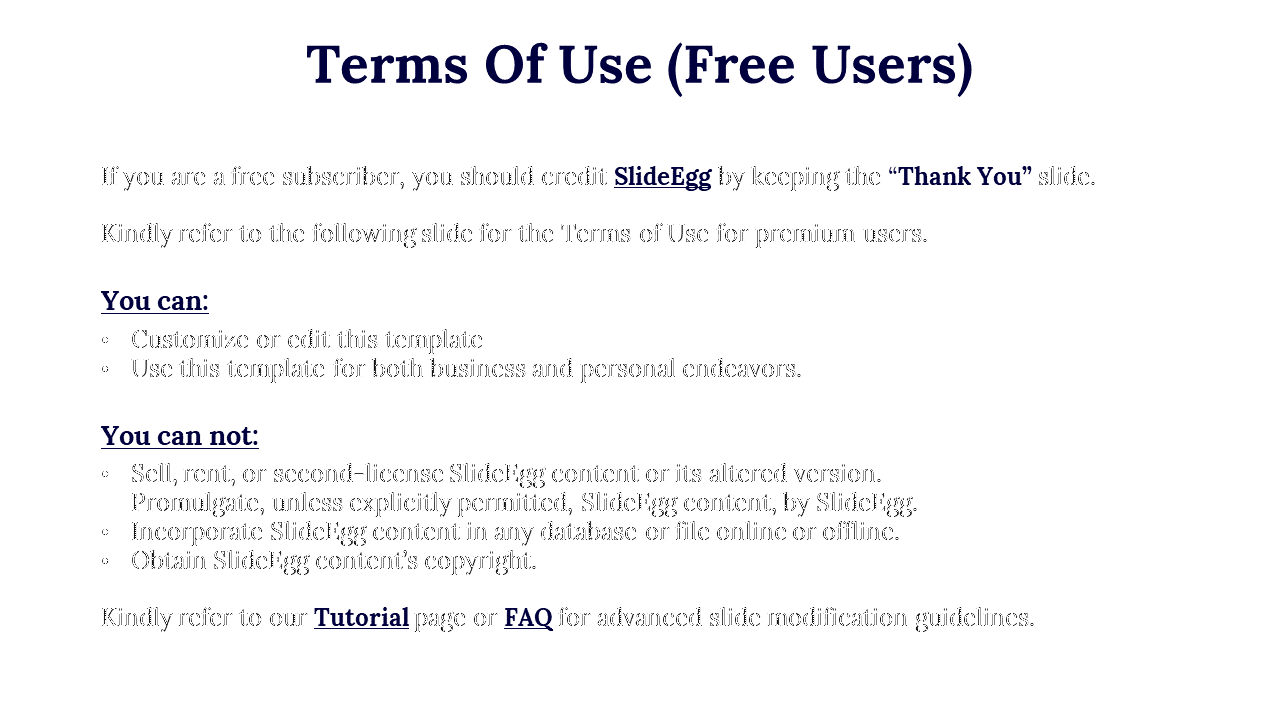 A slide explaining the terms of use for free users of SlideEgg, outlining what can and cannot be done with templates.