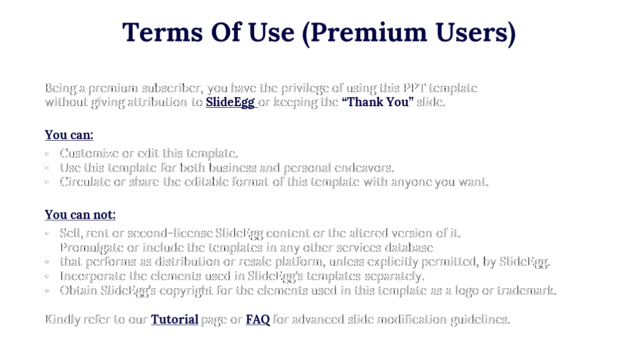 A guide for premium users of SlideEgg outlining what can and cannot be done with the templates including sharing and editing.