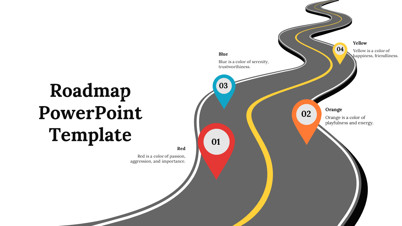 Winding road design with four numbered markers in red, orange, blue, and yellow, on a gray background.