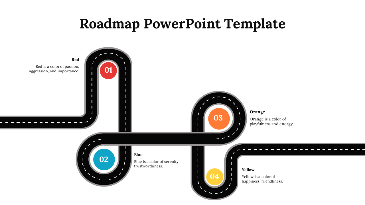 Winding black road with numbered markers in red, blue, orange, and yellow, each associated with a color description.