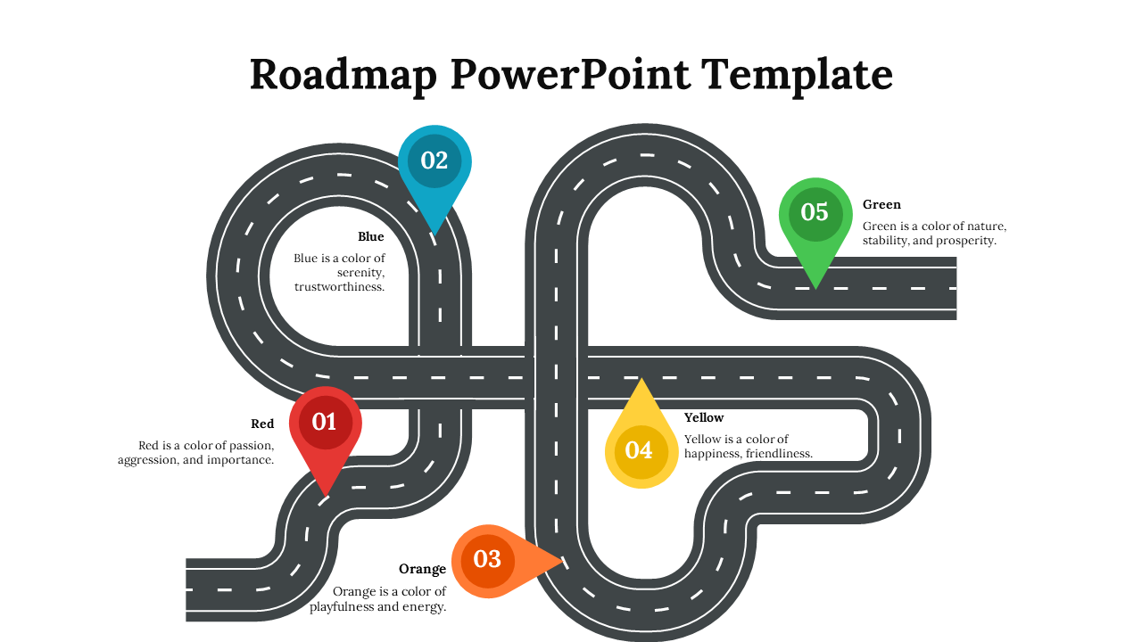 Five colorful markers in red, blue, orange, yellow, and green placed along a curving black road with details.