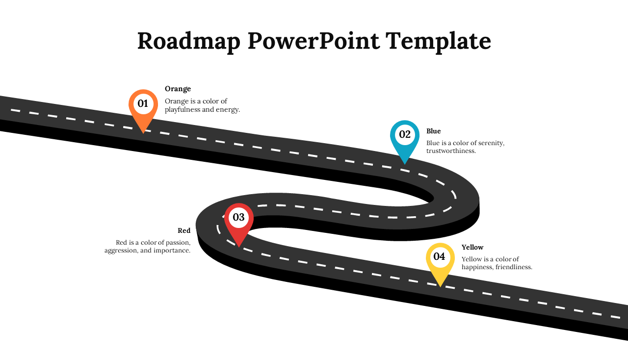 Roadmap illustration with four colorful markers in orange, blue, red, and yellow, on a winding black road.