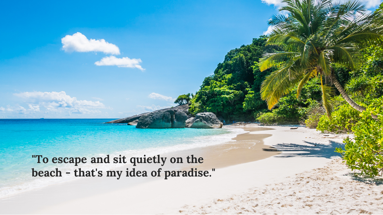 Beach paradise with soft sand, clear blue water, and a palm tree, featuring a quote about relaxing and escaping on the beach.