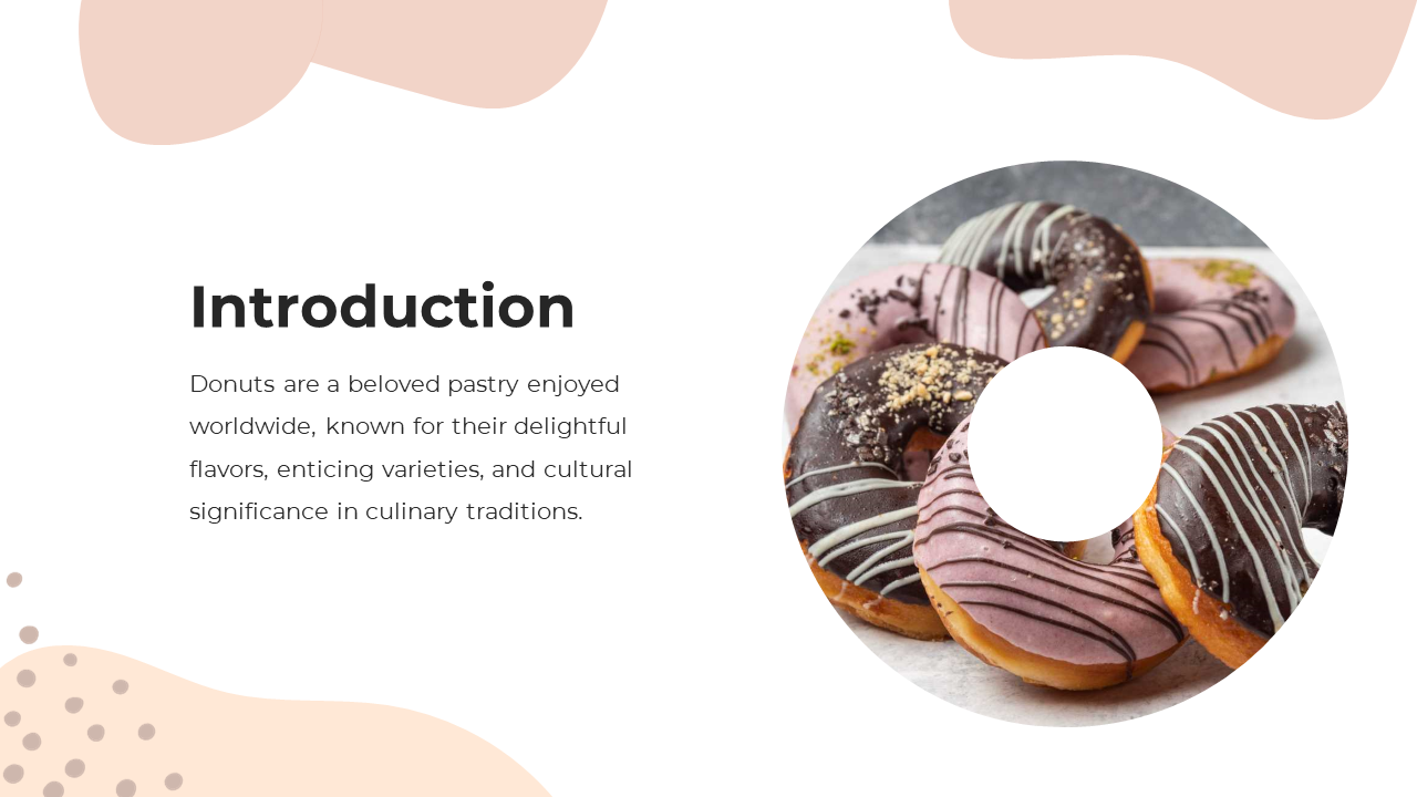 Pastel themed slide featuring a circular image of donuts with purple and chocolate icing, paired with an introduction text.