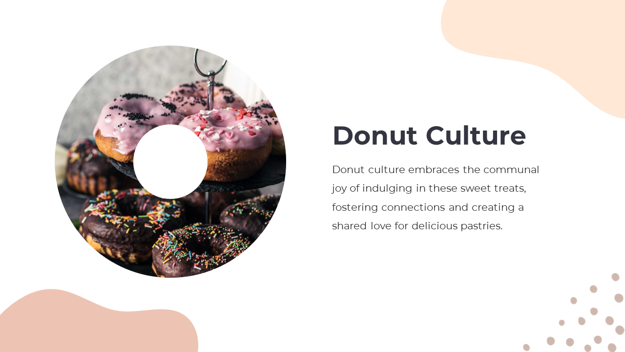 Soft pastel slide featuring a circular image of donuts with pink and chocolate frosting, paired with text.