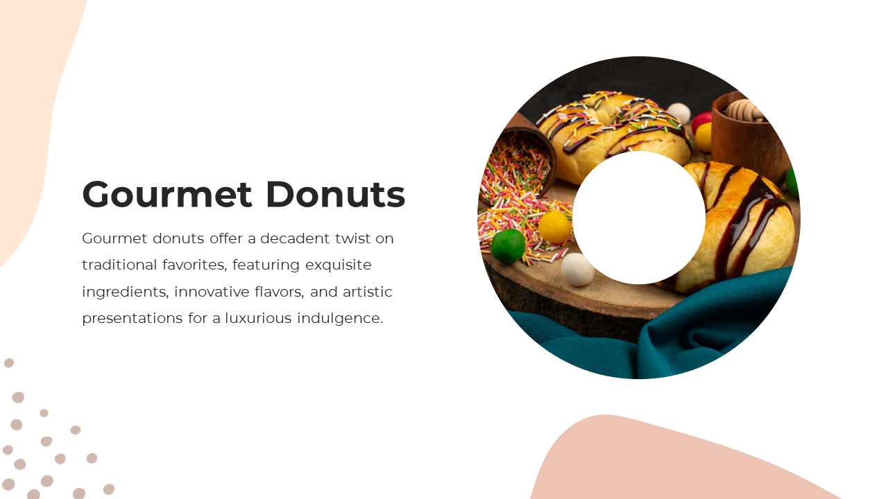 Pastel themed slide with a circular image of gourmet donuts decorated with colorful sprinkles, paired with text.