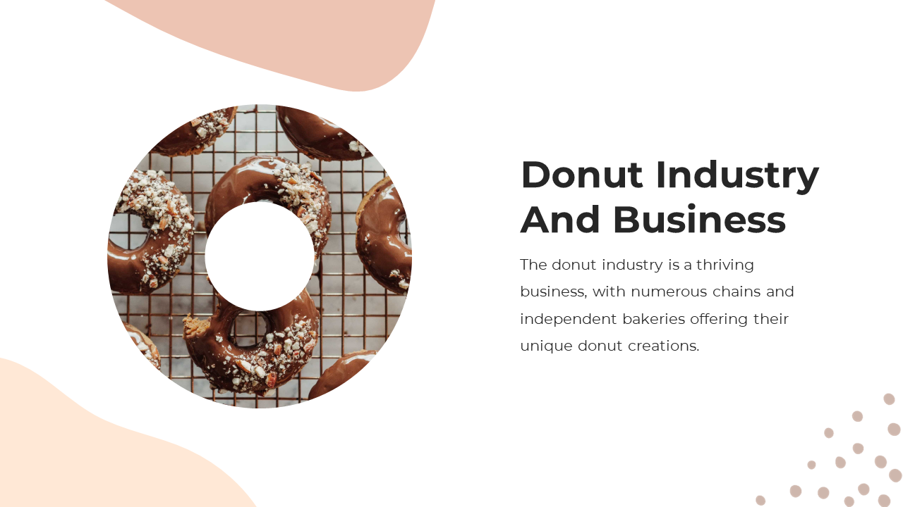 Soft pastel colored slide with a round image of chocolate donuts on a cooling rack, and bold text on the right.