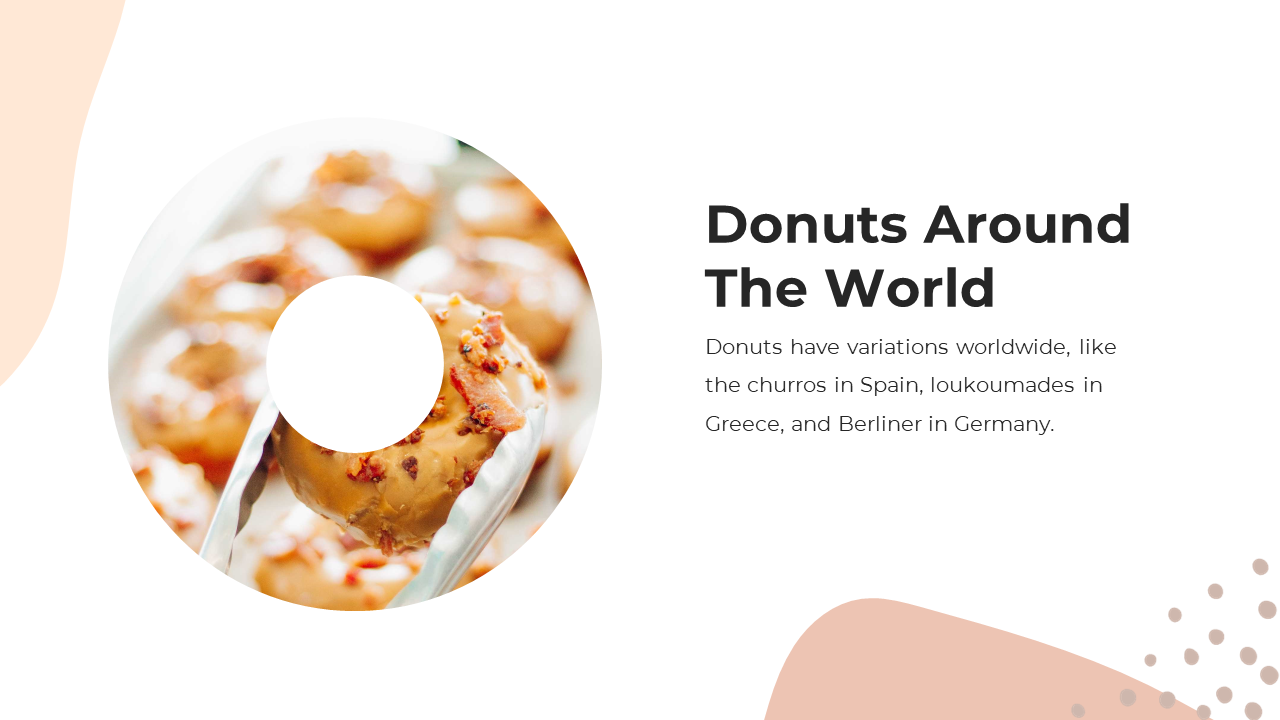 Slide featuring a round image of a donut being held by a spatula with a soft pink background and bold text on the right.