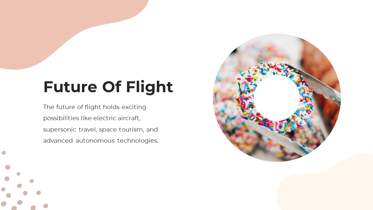 Soft pink and white slide with a round image of a spatula lifting a donut with sprinkles, alongside text.