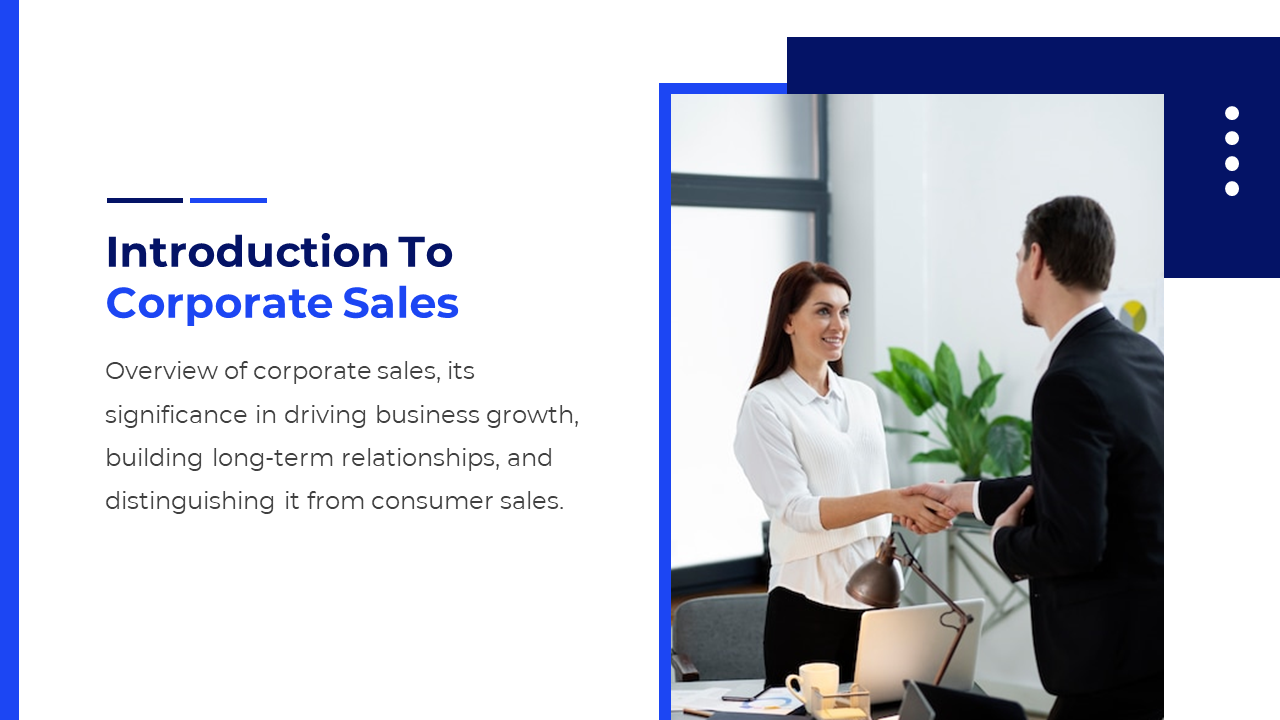 Business professionals shaking hands in an office setting with plants, and text on the left, with blue accents.