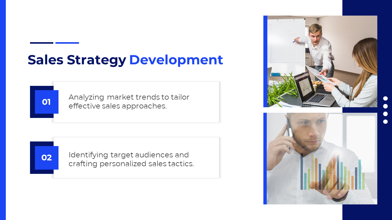 Sales strategy slide with two numbered text and images of a person presenting data and a phone call with a digital graph.