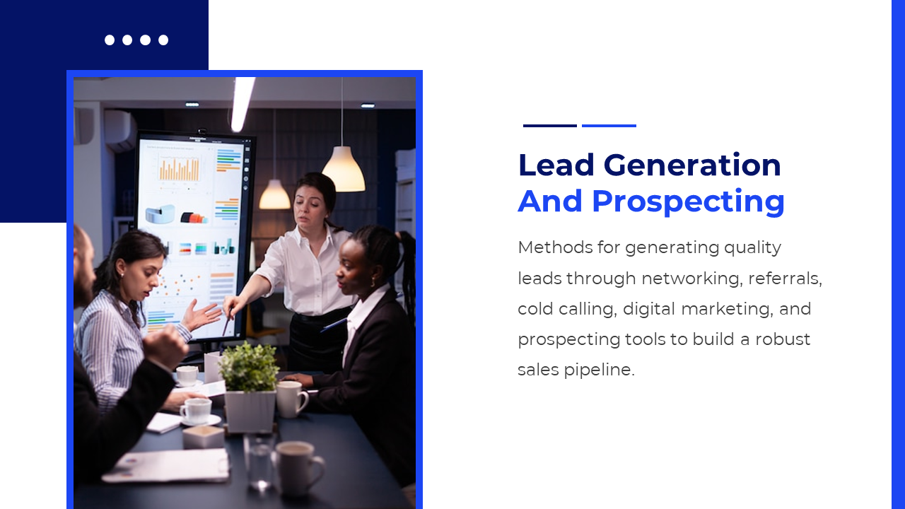 Team meeting with a woman presenting on a screen showing charts in a modern office setting and text, all framed in blue.