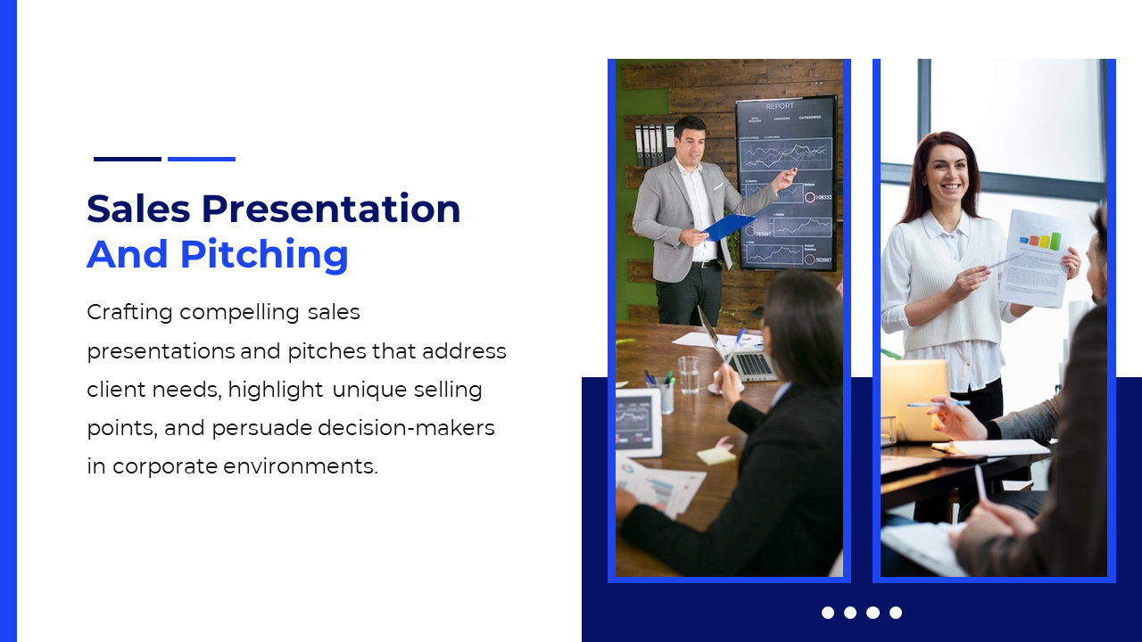 Collage of sales pitching with blue framed images of a man presenting graphs and a woman holding a report, and text.