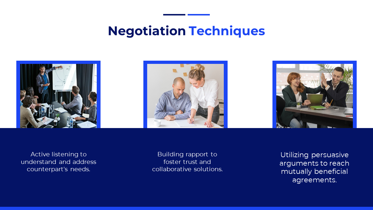 Horizontal arrangement of three images featuring a business meeting, collaboration, and a discussion with blue tones.