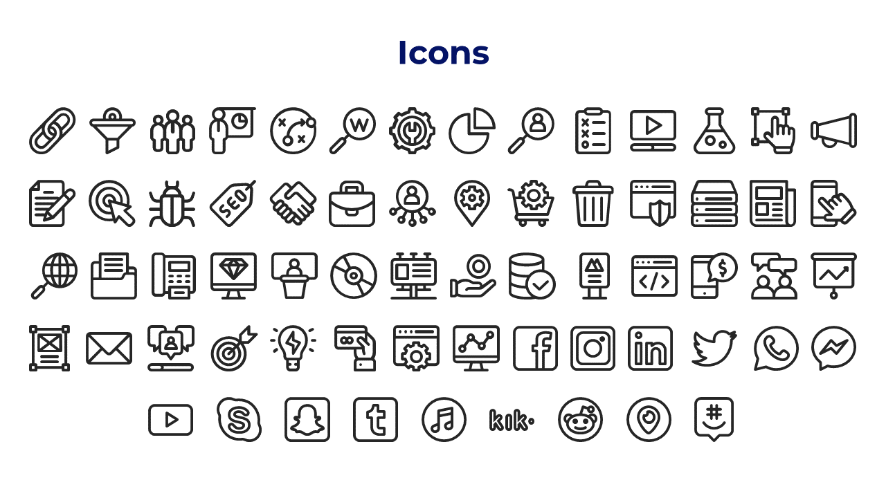Row of simple, outline icons for various concepts like social media, communication, and business, with a uniform design.