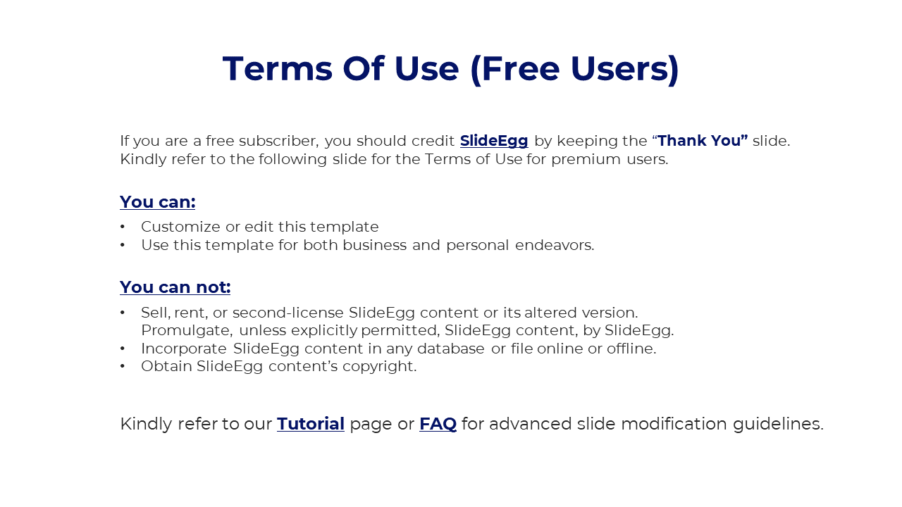 Structured slide with a large blue header, showing terms for free users in a simple, easy to read format.