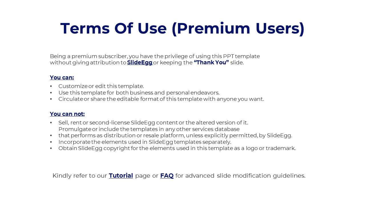 Slide with bold text on premium user terms, featuring a white background with blue text and bullet pointed guidelines.