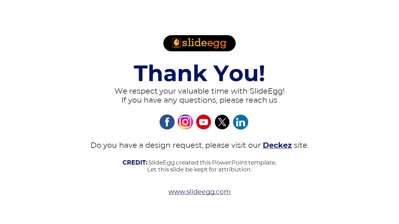 Clean thank you slide with bold text, featuring social media icons in vibrant colors and a credit section at the bottom.