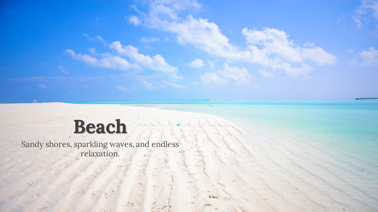 A serene beach scene with sandy shores, sparkling waves, and a clear blue sky, with a text overlay describing the beach.