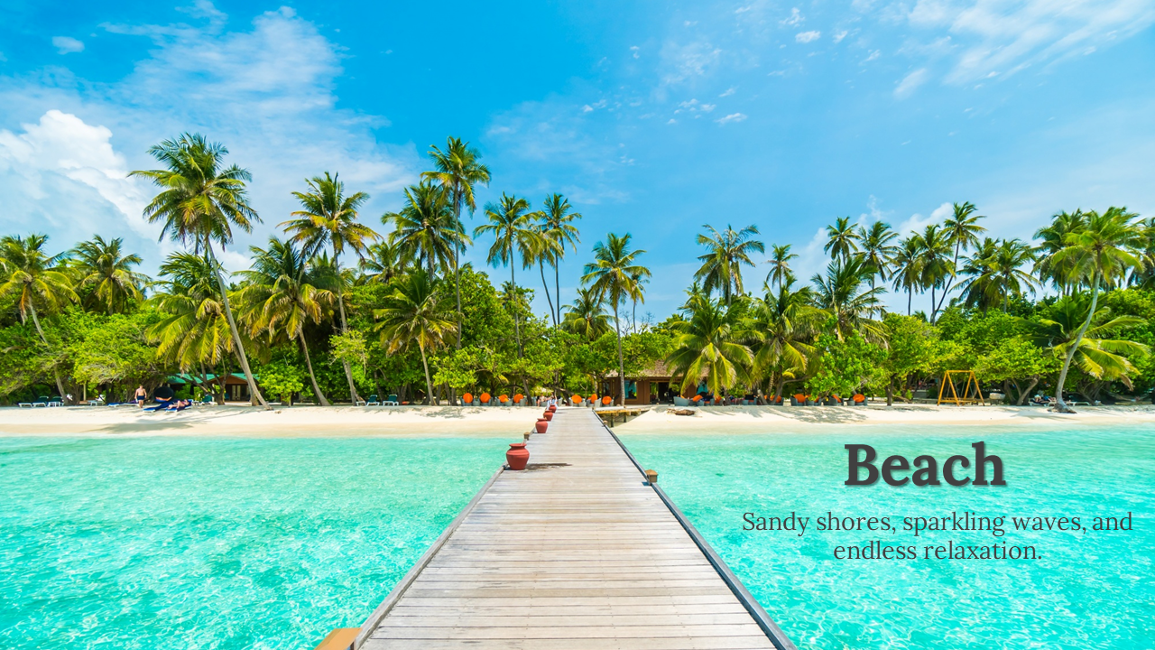 Tropical beach with turquoise waters, a wooden pier leading to a palm lined shore, and a text overlay describing relaxation.