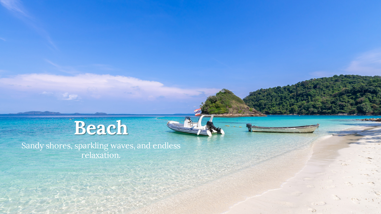 Serene beach view with a boat floating in clear waters surrounded by gentle waves and a scenic island, described with a text.