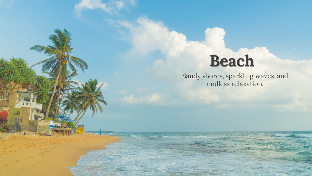 A beautiful beach with golden sand, a calm ocean, and palm trees, along with a text overlay about the serene beach setting.