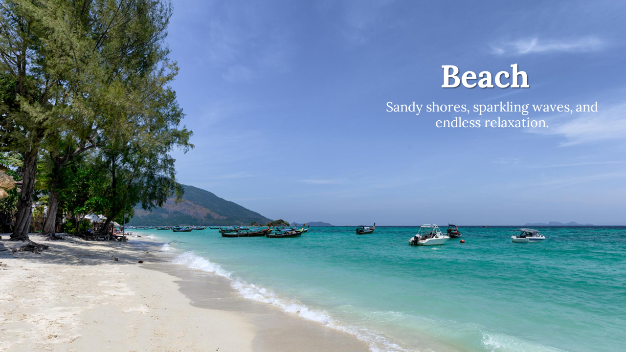A serene beach with gentle waves, boats floating in the clear water, and trees lining the shore, accompanied by a caption.