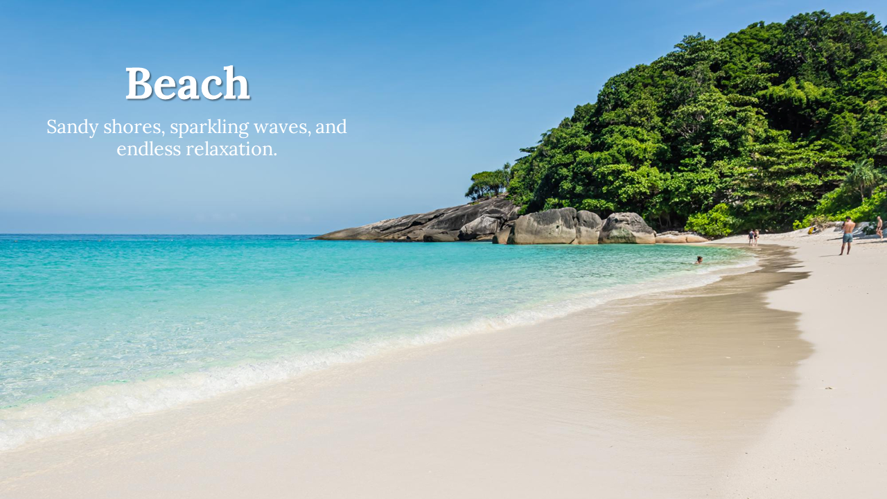 A scenic beach with clear turquoise water, a smooth sandy shore, and people walking along the coast, with a caption.