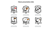 Falcon presentation slide featuring six shield shaped emblems of falcon heads, each with a text banner below.