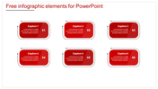 Infographic slide with six red rectangular elements labeled with captions and numbers.